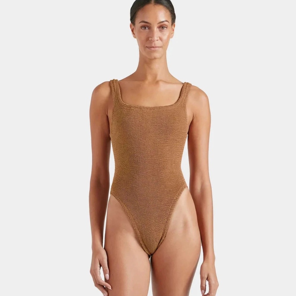 NWOT HUNZA G SQUARE NECK ONE-PIECE SWIMSUIT METALLIC COCOA WOMEN'S ONE SIZE